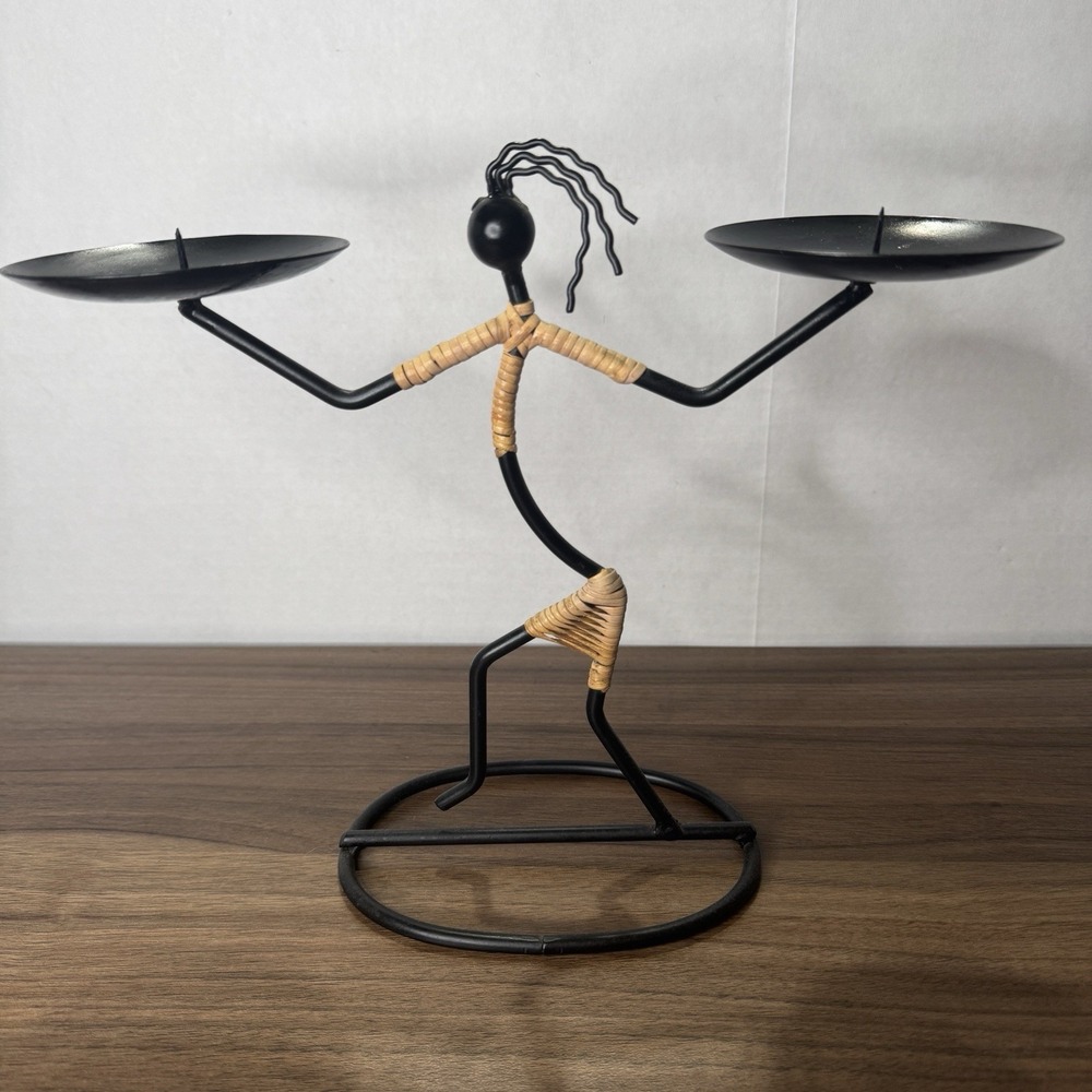 Vintage Laurids Longborg Dancing Woman Metal‎ & Rattan Double Candleholder 11"